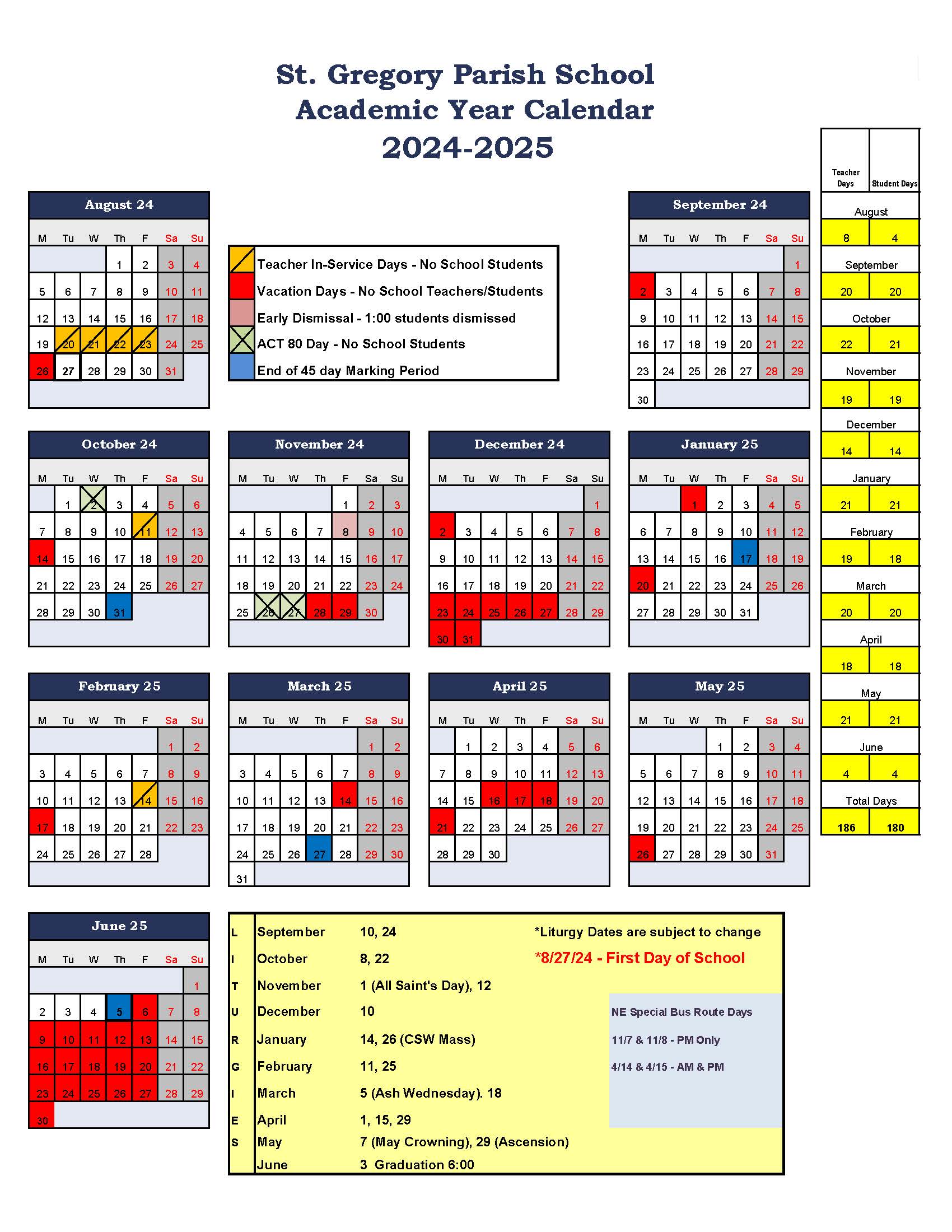 2024-2025 Academic School Year Calendar